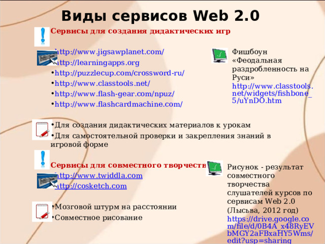 Виды сервисов W eb 2.0 Сервисы для создания дидактических игр http://www.jigsawplanet.com/ http://learningapps.org http://puzzlecup.com/crossword-ru/ http://www.classtools.net/ http://www.flash-gear.com/npuz/ http://www.flashcardmachine.com/  Для создания дидактических материалов к урокам Для самостоятельной проверки и закрепления знаний в игровой форме  Сервисы для совместного творчества http://www.twiddla.com  http://cosketch.com  Мозговой штурм на расстоянии Совместное рисование  Фишбоун «Феодальная раздробленность на Руси» http://www.classtools.net/widgets/fishbone_5/uYnDO.htm Рисунок - результат совместного творчества слушателей курсов по сервисам Web 2.0 ( Лысьва, 2012 год) https://drive.google.com/file/d/0B4A_x48RyEVbMGY2aFBxaHY5Wms/edit?usp=sharing 