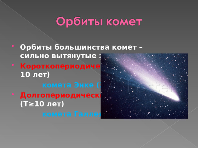 Орбиты большинства комет – сильно вытянутые эллипсы Короткопериодические (Т≤ 10 лет)  комета Энке (3,3 года) Долгопериодические (Т≥10 лет)  комета Галлея (76 лет) 