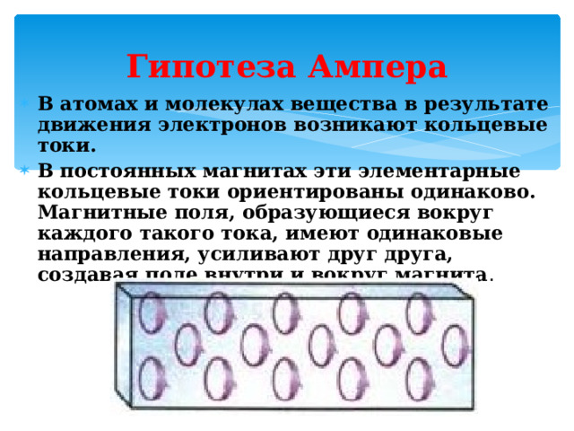 Гипотеза Ампера В атомах и молекулах вещества в результате движения электронов возникают кольцевые токи. В постоянных магнитах эти элементарные кольцевые токи ориентированы одинаково. Магнитные поля, образующиеся вокруг каждого такого тока, имеют одинаковые направления, усиливают друг друга, создавая поле внутри и вокруг магнита . 