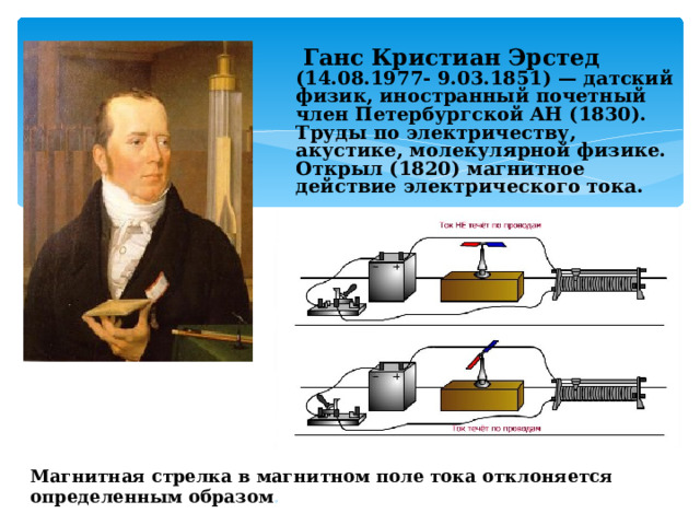  Ганс Кристиан Эрстед (14.08.1977- 9.03.1851) — датский физик, иностранный почетный член Петербургской АН (1830). Труды по электричеству, акустике, молекулярной физике. Открыл (1820) магнитное действие электрического тока. Опыт Эрстеда (1820г.) Магнитная стрелка в магнитном поле тока отклоняется определенным образом .  