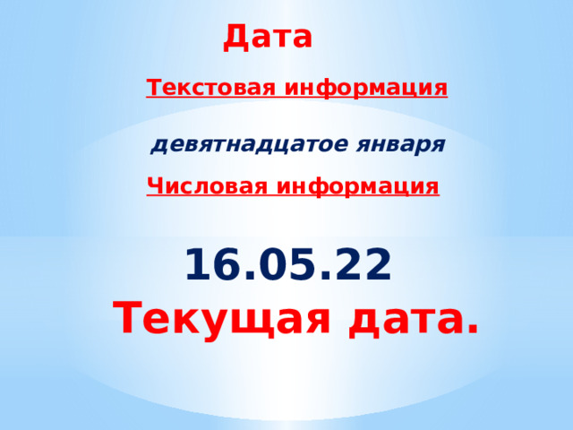 Дата Текстовая информация  девятнадцатое января  Числовая информация   16.05.22  Текущая дата. 