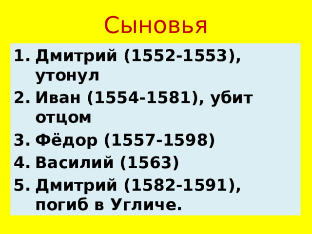 Сыновья Дмитрий (1552-1553), утонул Иван (1554-1581), убит отцом Фёдор (1557-1598) Василий (1563) Дмитрий (1582-1591), погиб в Угличе. 