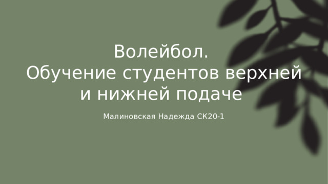 Волейбол.   Обучение студентов верхней и нижней подаче  Малиновская Надежда СК20-1 