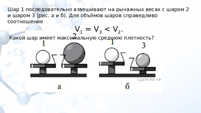 Шар 1 последовательно взвешивают на рычажных весах с шаром 2 и шаром 3 (рис. а и б). Для объёмов шаров справедливо соотношение  V 1  = V 3   Какой шар имеет максимальную среднюю плотность? 