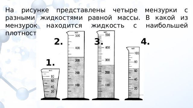 На рисунке представлены четыре мензурки с разными жидкостями равной массы. В какой из мензурок находится жидкость с наибольшей плотностью? 2. 3. 4. 1. 