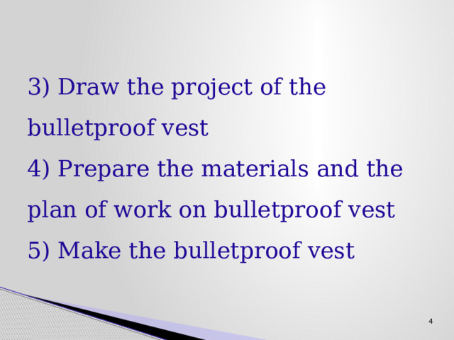 3) Draw the project of the bulletproof vest  4) Prepare the materials and the plan of work on bulletproof vest  5) Make the bulletproof vest   4 