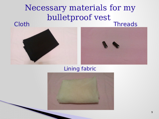 Necessary materials for my bulletproof vest  Cloth Threads  Lining fabric 9 