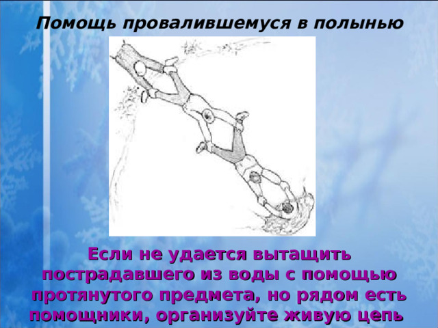 Помощь провалившемуся в полынью Если не удается вытащить пострадавшего из воды с помощью протянутого предмета, но рядом есть помощники, организуйте живую цепь  