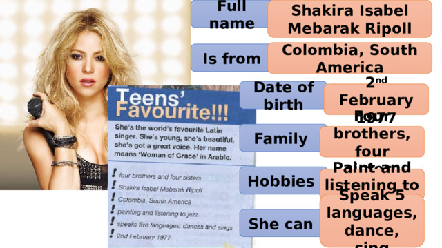 Shakira Isabel Mebarak Ripoll Full name Colombia, South America Is from Date of birth 2 nd February 1977 Family Four brothers, four sisters Hobbies Paint and listening to jazz Speak 5 languages, dance, sing She can 