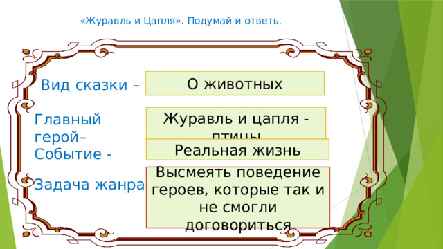 «Журавль и Цапля». Подумай и ответь.   О животных Вид сказки – Журавль и цапля - птицы Главный герой– Реальная жизнь Событие - Высмеять поведение героев, которые так и не смогли договориться Задача жанра– 