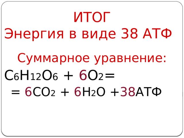 ИТОГ Энергия в виде 38 АТФ Суммарное уравнение: С 6 Н 12 О 6 + 6 О 2 = = 6 СО 2 + 6 Н 2 О + 38 АТФ  