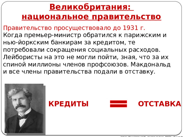 Великобритания:  национальное правительство Правительство просуществовало до 1931 г. Когда премьер-министр обратился к парижским и нью-йоркским банкирам за кредитом, те потребовали сокращения социальных расходов. Лейбористы на это не могли пойти, зная, что за их спиной миллионы членов профсоюзов. Макдональд и все члены правительства подали в отставку. КРЕДИТЫ ОТСТАВКА Автор: Михайлова Н.М.- преподаватель МАОУ «Лицей № 21» 