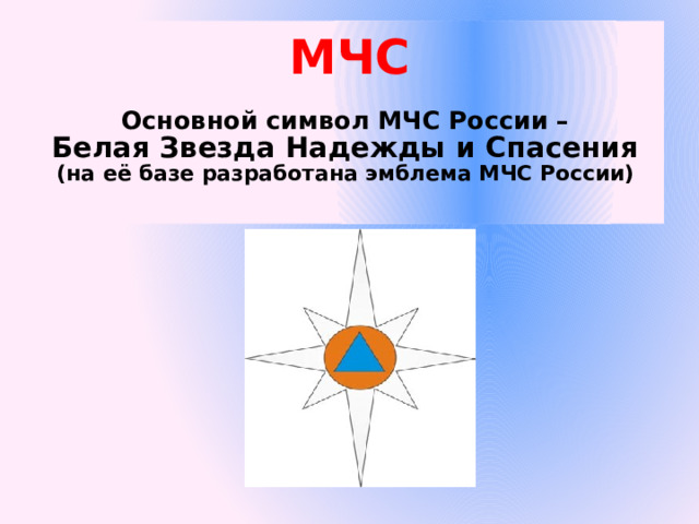 МЧС   Основной символ МЧС России –  Белая Звезда Надежды и Спасения   (на её базе разработана эмблема МЧС России)   