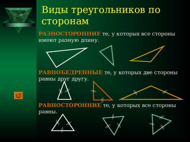 Виды треугольников по сторонам РАЗНОСТОРОННИЕ  те, у которых все стороны имеют разную длину. РАВНОБЕДРЕННЫЕ те, у которых две стороны равны друг другу. РАВНОСТОРОННИЕ те, у которых все стороны равны. 