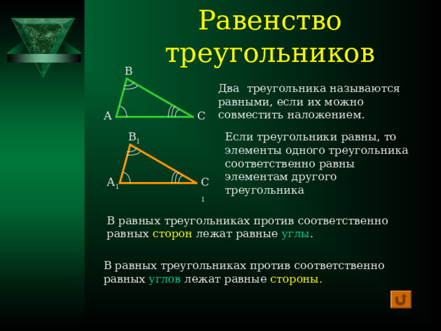 Равенство треугольников В Два треугольника называются равными, если их можно совместить наложением. С А Если треугольники равны, то элементы одного треугольника соответственно равны элементам другого треугольника В 1 С 1 А 1 В равных треугольниках против соответственно равных сторон лежат равные углы . В равных треугольниках против соответственно равных углов лежат равные стороны. 