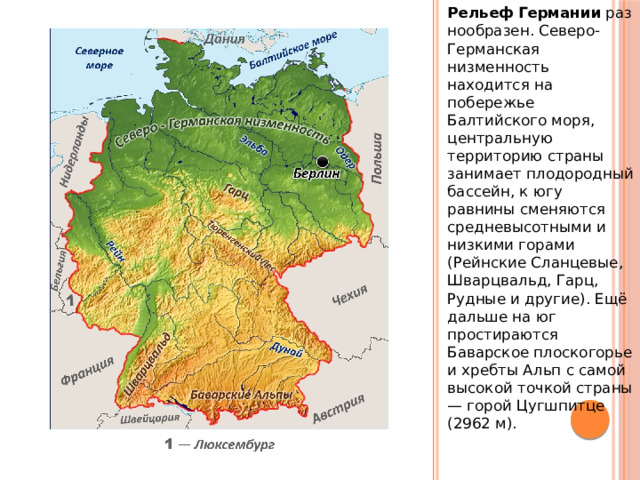 Рельеф   Германии  разнообразен. Северо-Германская низменность находится на побережье Балтийского моря, центральную территорию страны занимает плодородный бассейн, к югу равнины сменяются средневысотными и низкими горами (Рейнские Сланцевые, Шварцвальд, Гарц, Рудные и другие). Ещё дальше на юг простираются Баварское плоскогорье и хребты Альп с самой высокой точкой страны — горой Цугшпитце (2962 м). Рельеф 