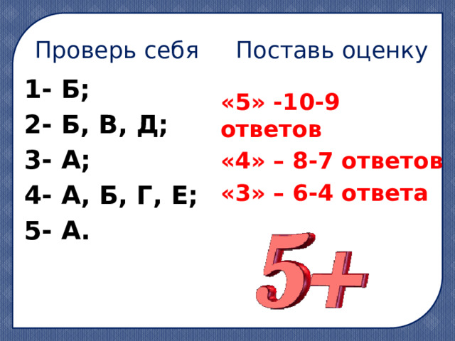  Проверь себя Поставь оценку 1- Б; 2- Б, В, Д; 3- А; 4- А, Б, Г, Е; 5- А. «5» -10-9 ответов «4» – 8-7 ответов «3» – 6-4 ответа 