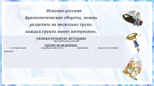 Исконно-русские фразеологические обороты, можно разделить на несколько групп, каждая группа имеет интересную, увлекательную историю происхождения: Фразеологизмы связаны: С историческим прошлым народными обычаями ремёслами крылатыми словами 