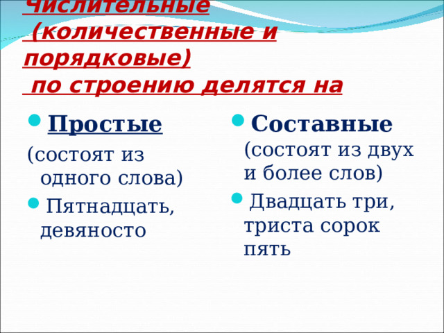 Числительные  (количественные и порядковые)  по строению делятся на Простые Составные (состоят из двух и более слов) Двадцать три, триста сорок пять (состоят из одного слова) Пятнадцать, девяносто 