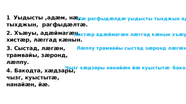 1 . Уыдысты ,адӕм, нӕ, тыхджын, рагфыдӕлтӕ. 2. Хъӕуы, адӕймагӕн, хистӕр, лӕггад кӕнын. 3. Сыстад, лӕгӕн, трамвайы, зӕронд, лӕппу. 4. Бакодта, хӕдзары, чызг, куыстытӕ, нанайӕн, йӕ.   Нӕ рагфыдӕлдӕ уыдысты тыхджын адӕм . Хистӕр адӕймагӕн лӕггад кӕнын хъӕуы. Лӕппу трамвайы сыстад зӕронд лӕгӕн. Чызг хӕдзары нанайӕн йӕ куыстытӕ бакодта. 