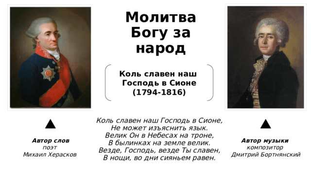 Молитва Богу за народ Коль славен наш Господь в Сионе (1794-1816) Коль славен наш Господь в Сионе,  Не может изъяснить язык.  Велик Он в Небесах на троне,  В былинках на земле велик.  Везде, Господь, везде Ты славен,  В нощи, во дни сияньем равен.   Автор слов Автор музыки поэт композитор Михаил Херасков Дмитрий Бортнянский 