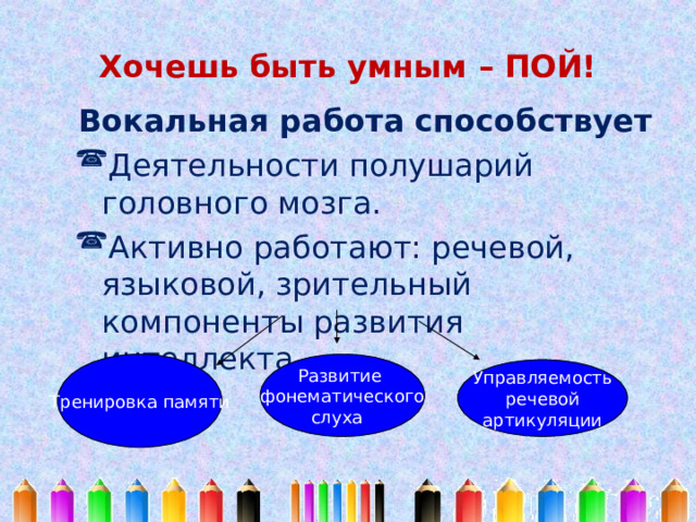 Хочешь быть умным – ПОЙ! Вокальная работа способствует Деятельности полушарий головного мозга. Активно работают: речевой, языковой, зрительный компоненты развития интеллекта. Тренировка памяти Развитие фонематического слуха  Управляемость речевой артикуляции 