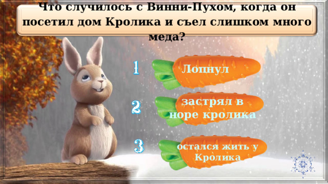 Что случилось с Винни-Пухом, когда он посетил дом Кролика и съел слишком много меда? Лопнул застрял в норе кролика остался жить у Кролика 