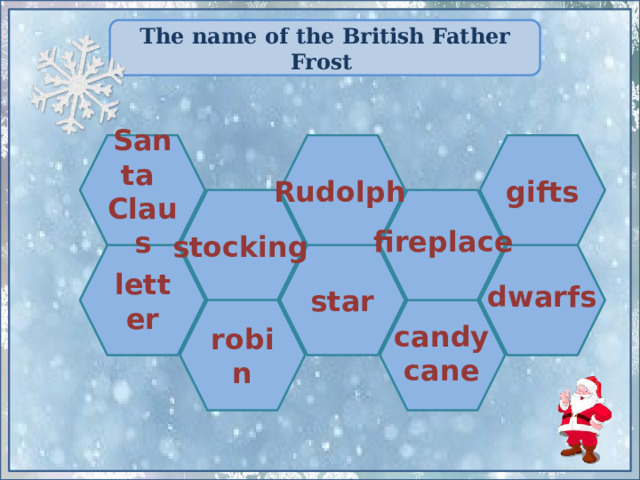 The name of the British Father Frost Santa Claus gifts Rudolph fireplace stocking star  letter dwarfs robin  candy  cane 