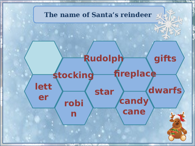 The name of Santa’s reindeer gifts Rudolph fireplace stocking star  letter dwarfs  robin candy  cane 