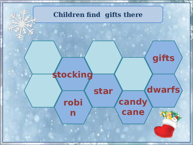 Children find gifts there gifts stocking  star dwarfs  robin candy  cane 