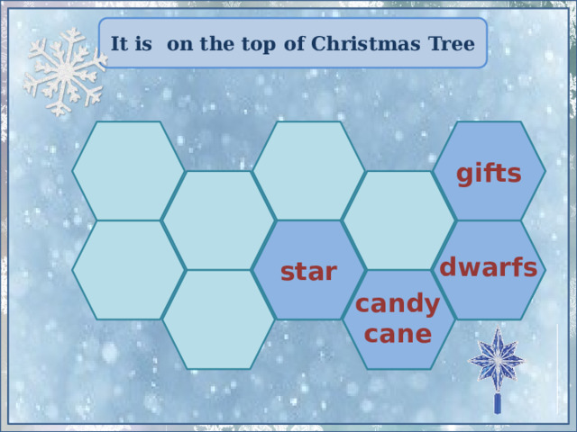 It is on the top of Christmas Tree gifts star  dwarfs  candy  cane 