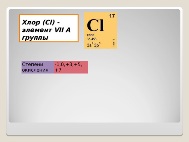 Хлор (Cl) - элемент VII A группы Степени окисления -1,0,+3,+5, +7 