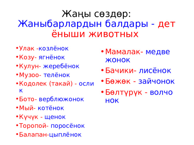 Жаңы сөздөр:  Жаныбарлардын балдары - детёныши животных Улак - козлёнок Козу- ягнёнок  Кулун- жеребёнок  Музоо- телёнок  Кодолек (такай) - ослик  Бото- верблюжонок Мый- котёнок Күчүк - щенок Торопой- поросёнок Балапан- цыплёнок Мамалак- медвежонок Бачики- лисёнок Бөжөк - зайчонок Бөлтүрүк - волчонок 