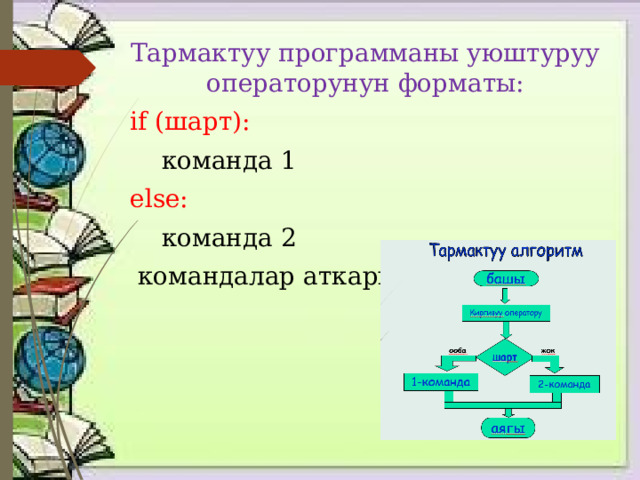 Тармактуу программаны уюштуруу операторунун форматы: if (шарт):  команда 1 else:  команда 2  командалар аткарылат 