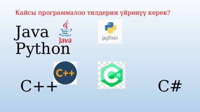Кайсы программалоо тилдерин үйрөнүү керек? Java Python  C++ C# 
