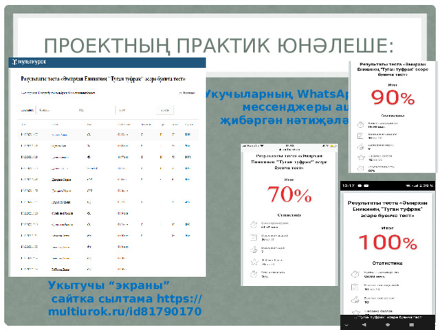 Проектның практик юнәлеше:  Укучыларның WhatsApp  мессенджеры аша  җибәргән нәтиҗәләре Укытучы “экраны”  сайтка сылтама https://multiurok.ru/id81790170  