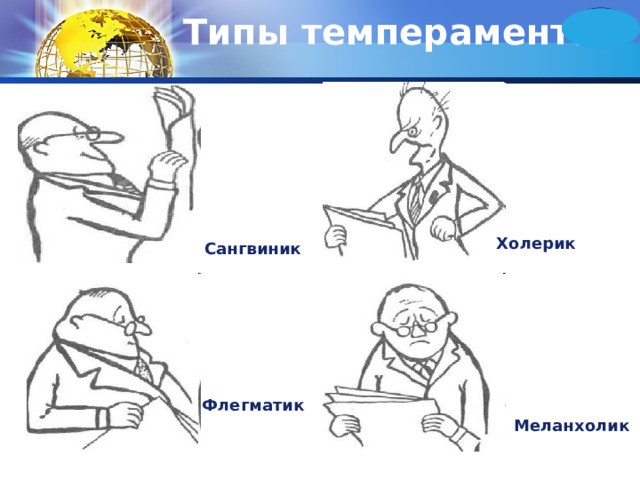 Типы темперамента Холерик  Сангвиник  Флегматик  Меланхолик  