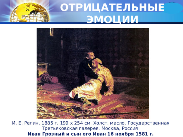 ОТРИЦАТЕЛЬНЫЕ ЭМОЦИИ И. E. Репин. 1885 г. 199 х 254 см. Холст, масло. Государственная Третьяковская галерея. Москва, Россия Иван Грозный и сын его Иван 16 ноября 1581 г.  