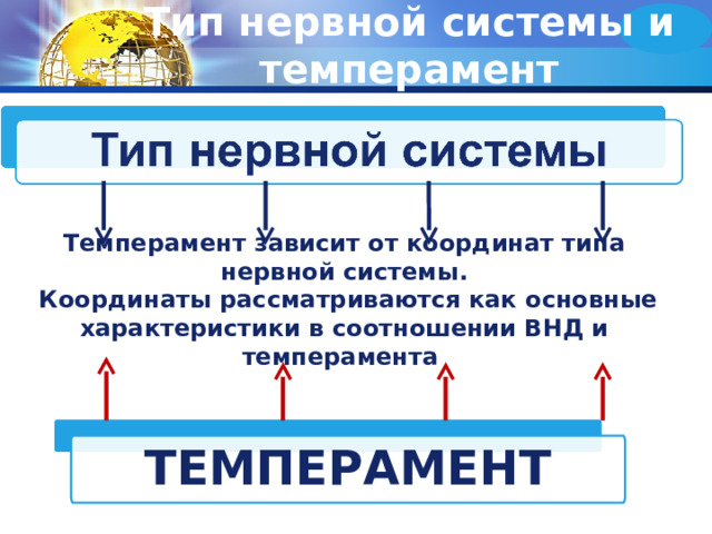 Тип нервной системы и темперамент Темперамент зависит от координат типа нервной системы.  Координаты рассматриваются как основные характеристики в соотношении ВНД и темперамента  ТЕМПЕРАМЕНТ 