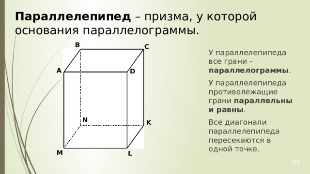 Параллелепипед – призма, у которой основания параллелограммы. B C У параллелепипеда все грани – параллелограммы . У параллелепипеда противолежащие грани параллельны и равны . Все диагонали параллелепипеда пересекаются в одной точке. A D N K M L 35 