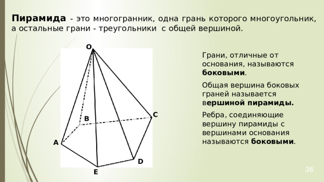 Пирамида  - это многогранник, одна грань которого многоугольник, а остальные грани - треугольники с общей вершиной. O Грани, отличные от основания, называются боковыми .   Общая вершина боковых граней называется в ершиной пирамиды. Ребра, соединяющие вершину пирамиды с вершинами основания называются боковыми .   C B A D 36 E 