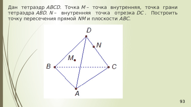 Дан тетраэдр  АВСD . Точка  М  – точка внутренняя, точка грани тетраэдра  АВD .  N  – внутренняя точка отрезка  DС  . Построить точку пересечения прямой  NM  и плоскости  АВС . 36 