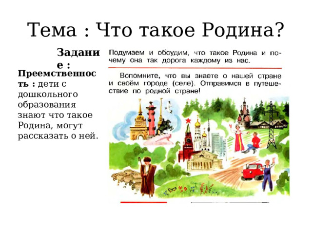 Тема : Что такое Родина? Задание : Преемственность : дети с дошкольного образования знают что такое Родина, могут рассказать о ней. 