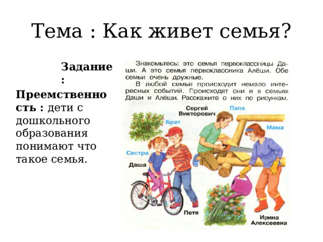  Тема : Как живет семья? Задание : Преемственность : дети с дошкольного образования понимают что такое семья. 