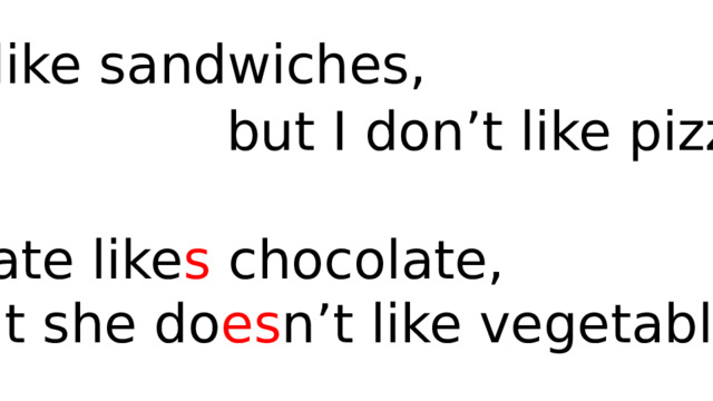  I like sandwiches,  but I don’t like pizza.  Kate like s chocolate, but she do es n’t like vegetables. 