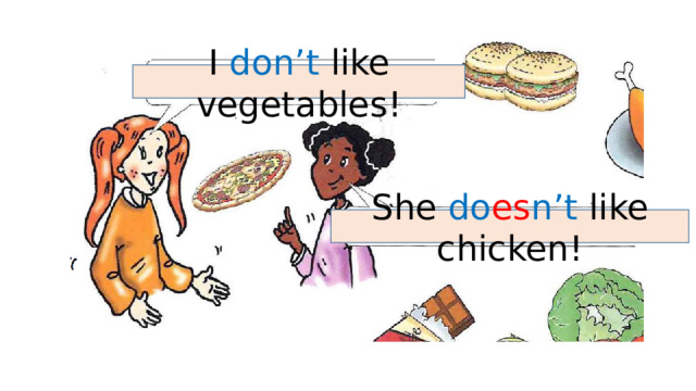 I don’t like vegetables! She do es n’t like chicken!  