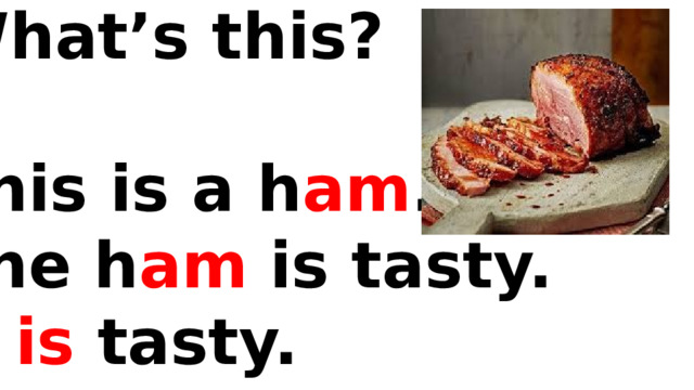 What’s this?  This is a h am . The h am is tasty. It is tasty. 