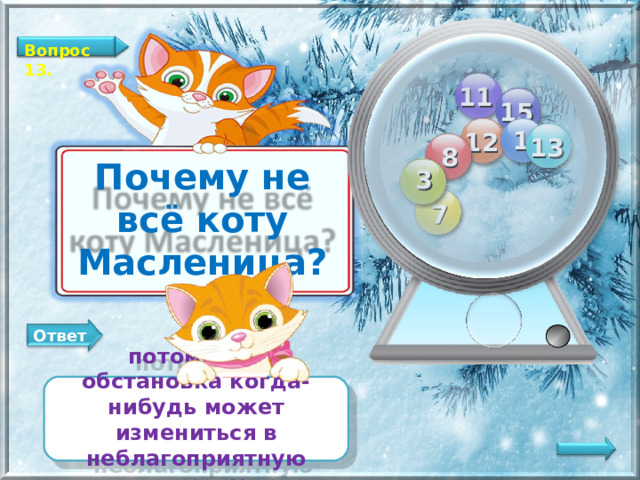 Вопрос 13. 11 15 1 12 13 8 Почему не всё коту Масленица? 3 7 Ответ потому что обстановка когда-нибудь может измениться в неблагоприятную сторону   