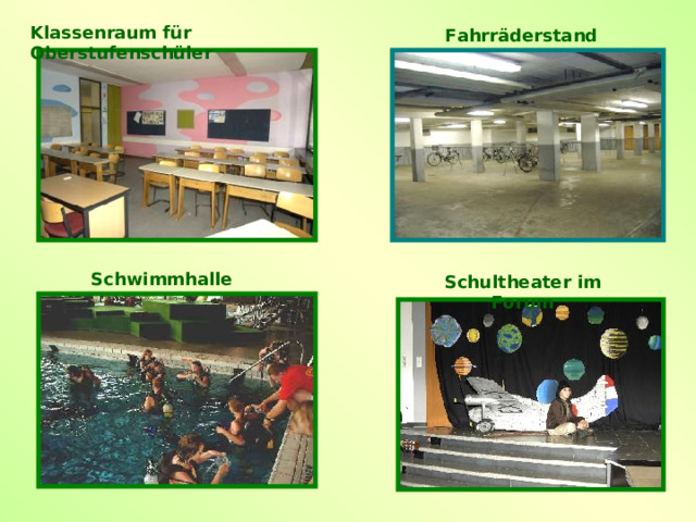 Klassenraum für Oberstufenschüler Fahrräderstand Schwimmhalle Schultheater im Forum 