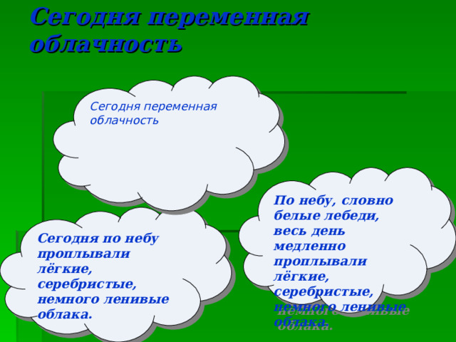 Сегодня переменная облачность Сегодня переменная облачность По небу, словно белые лебеди, весь день медленно проплывали лёгкие, серебристые, немного ленивые облака.  Сегодня по небу проплывали лёгкие, серебристые, немного ленивые облака. 